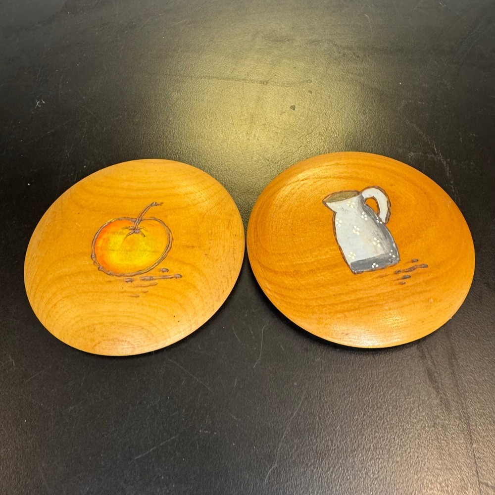 Hand Painted Wooden Jar Lids Set of 2 Brown Farmhouse Apple Pitcher Ee-9